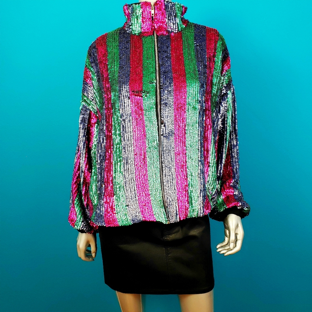 🆕️🎵 ASOS Rainbow Stripe Sequin Bomber Jacket // (NWT)